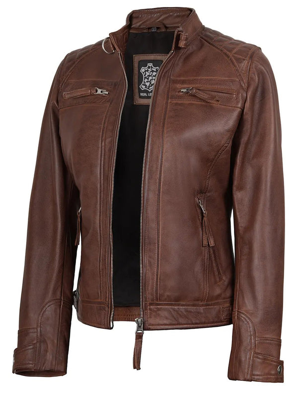 Johnson Women's Cognac Brown Cafe Racer Leather Jacket - Rare Leather