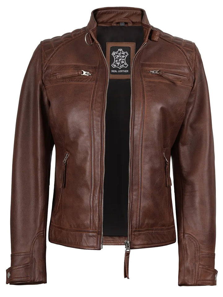 Johnson Women's Cognac Brown Cafe Racer Leather Jacket - Rare Leather