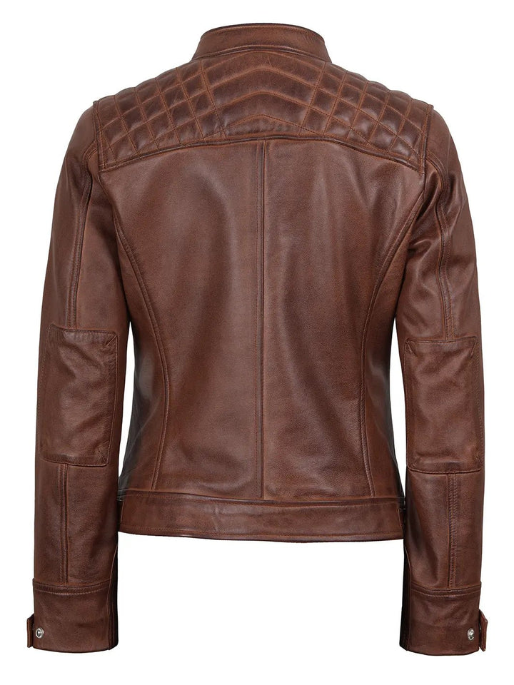 Johnson Women's Cognac Brown Cafe Racer Leather Jacket - Rare Leather
