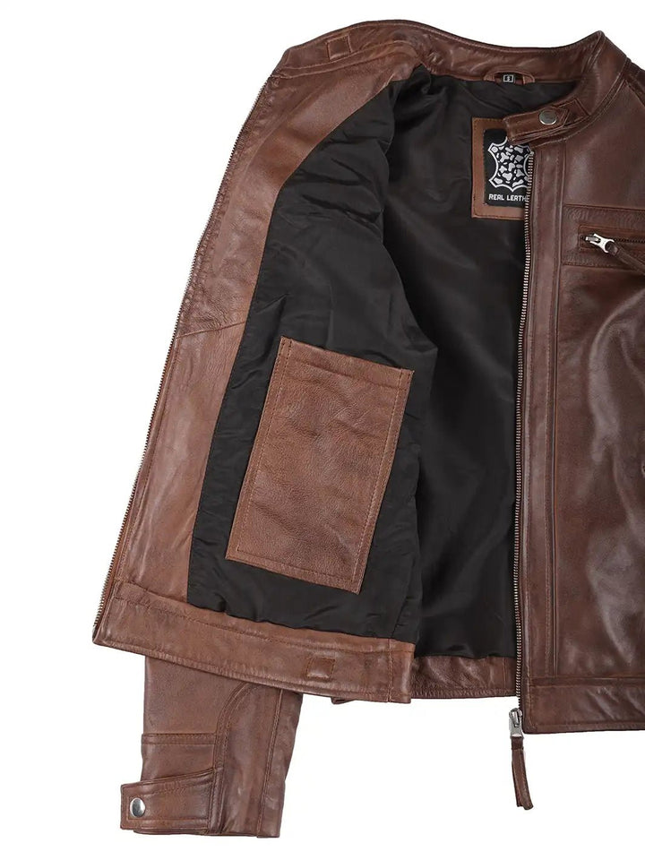 Johnson Women's Cognac Brown Cafe Racer Leather Jacket - Rare Leather
