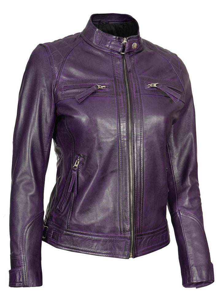 Johnson Women's Purple Quilted Cafe Racer Leather Jacket - Rare Leather