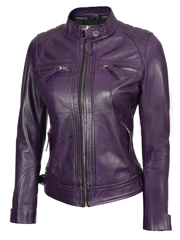 Johnson Women's Purple Quilted Cafe Racer Leather Jacket - Rare Leather