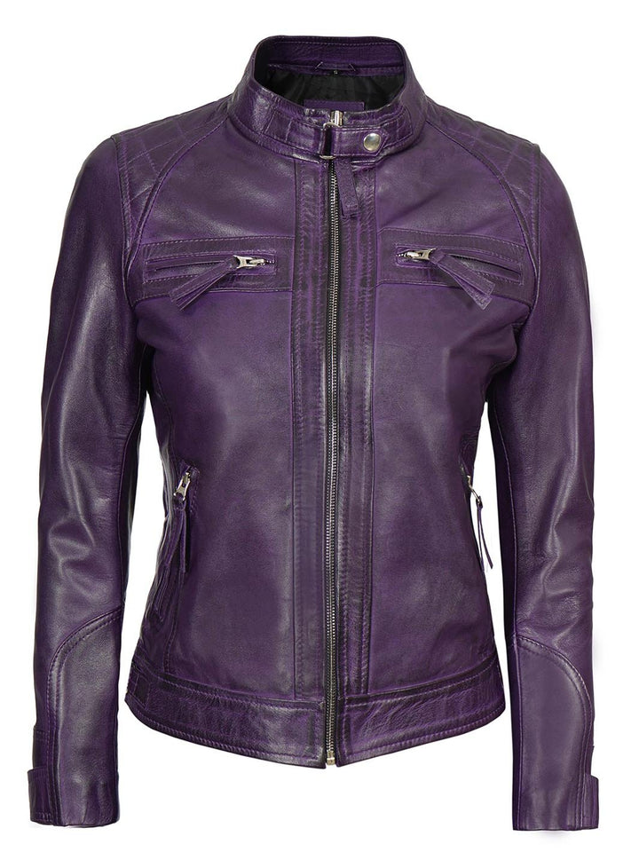 Johnson Women's Purple Quilted Cafe Racer Leather Jacket - Rare Leather