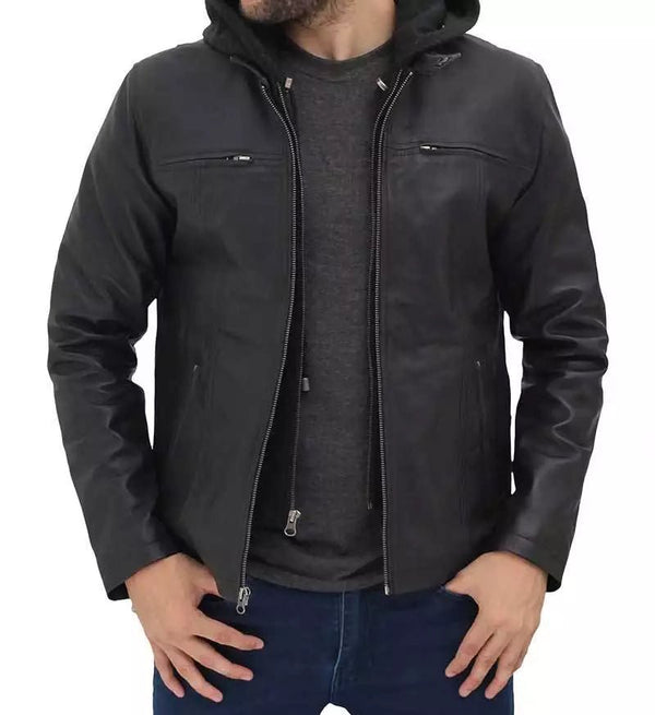 Jonathan Mens Black Cafe Racer Leather Jacket with Removable Hood - Rare Leather