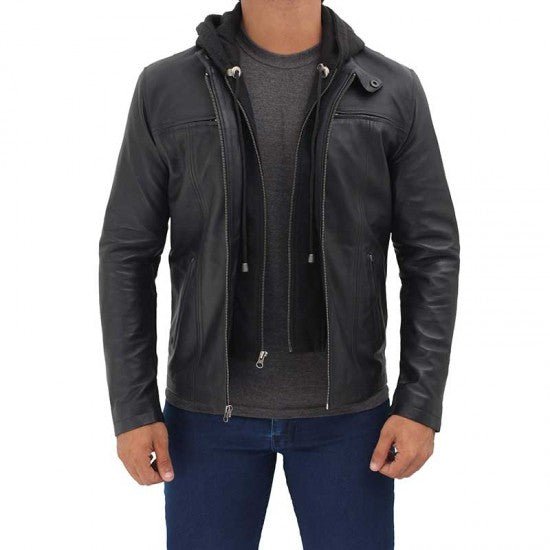 Jonathan Mens Black Cafe Racer Leather Jacket with Removable Hood - Rare Leather