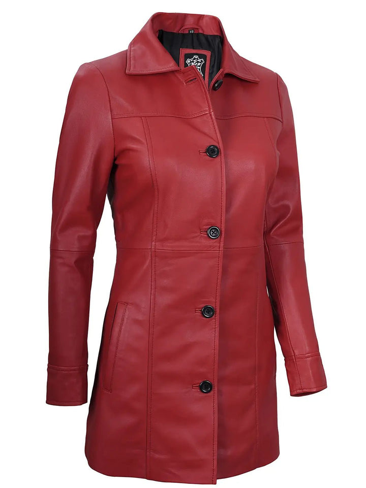 Kandis Women Red Real Leather Car Coat - Rare Leather
