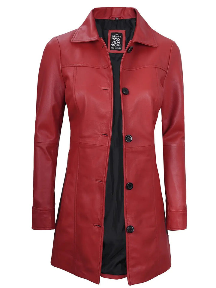 Kandis Women Red Real Leather Car Coat - Rare Leather