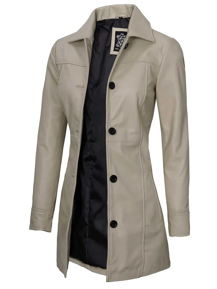 Kandis Women's Biege Real Leather Car Coat - Rare Leather