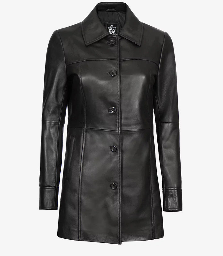 Kandis Womens Black 3/4 Length Leather Car Coat - Rare Leather