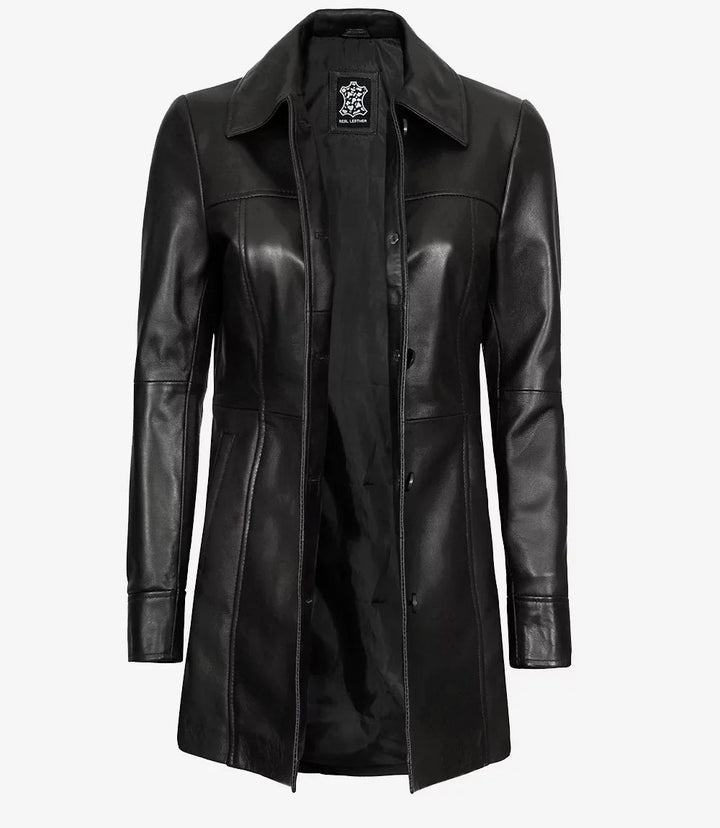 Kandis Womens Black 3/4 Length Leather Car Coat - Rare Leather