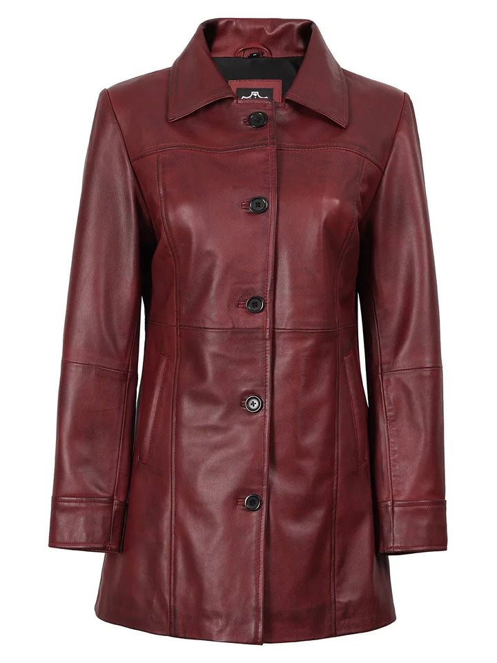 Kandis Women's Burgundy Real Leather Car Coat - Rare Leather