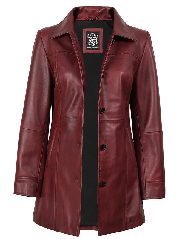 Kandis Women's Burgundy Real Leather Car Coat - Rare Leather
