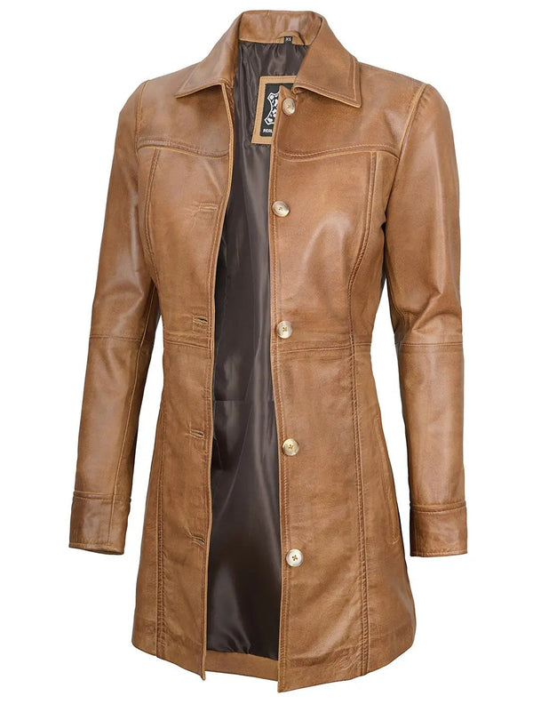 Kandis Womens Camel Brown Real Leather Car Coat - Rare Leather
