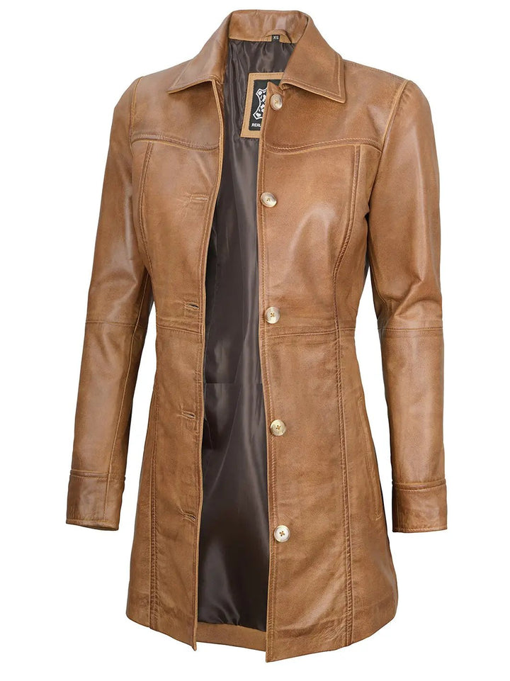 Kandis Womens Camel Brown Real Leather Car Coat - Rare Leather