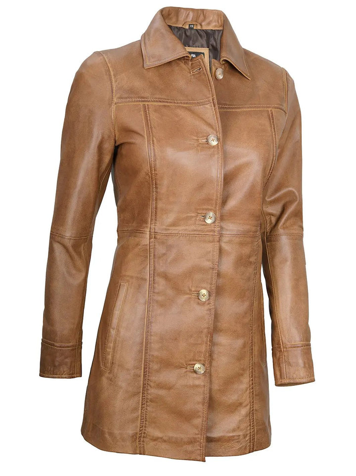 Kandis Womens Camel Brown Real Leather Car Coat - Rare Leather