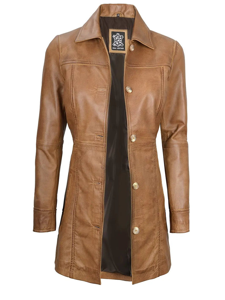 Kandis Womens Camel Brown Real Leather Car Coat - Rare Leather
