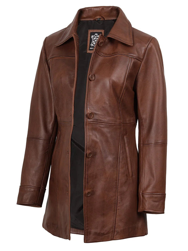 Kandis Women's Cognac Brown Leather Car Coat - Rare Leather