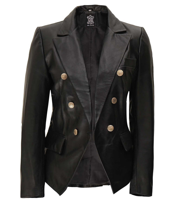 Kim Women's Black Double Breasted Leather Blazer Jacket - Rare Leather