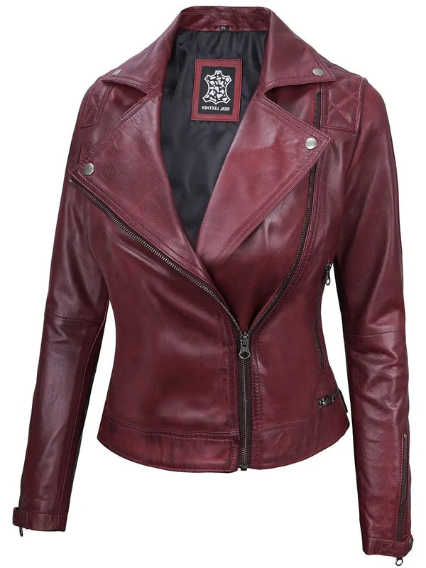 Kimberley Women's Asymmetrical Burgundy Quilted Moto Leather Jacket - Rare Leather