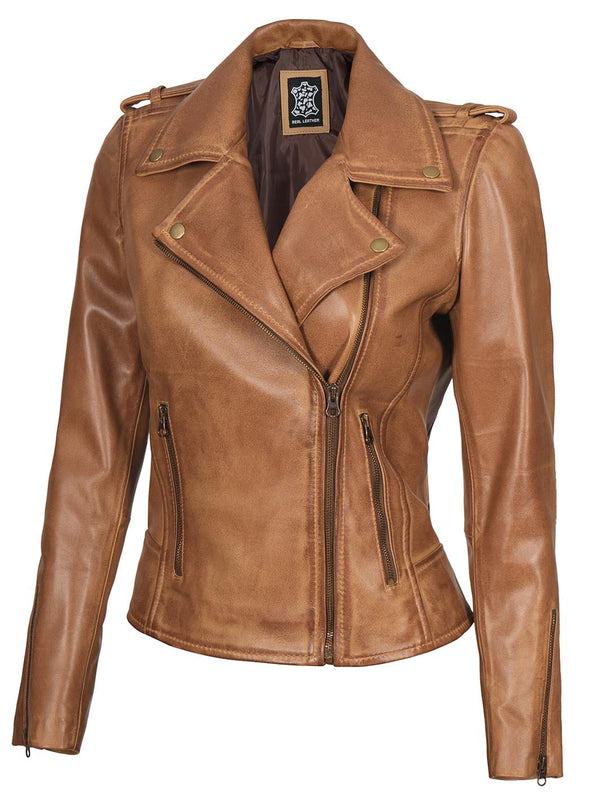 Kirsten Womens Asymmetrical Camel Brown Biker Leather Jacket - Rare Leather