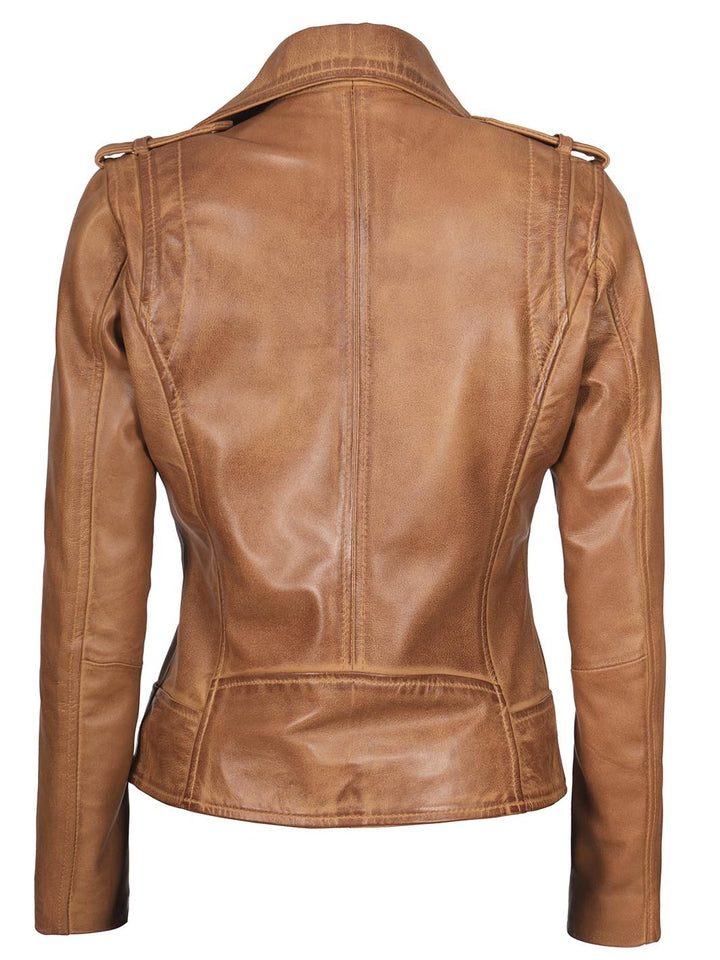 Kirsten Womens Asymmetrical Camel Brown Biker Leather Jacket - Rare Leather