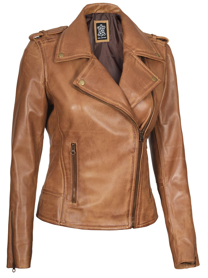 Kirsten Womens Asymmetrical Camel Brown Biker Leather Jacket - Rare Leather
