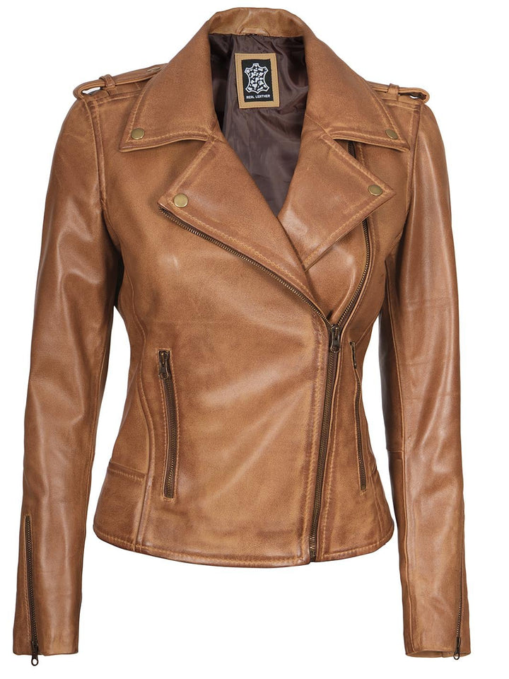 Kirsten Womens Asymmetrical Camel Brown Biker Leather Jacket - Rare Leather