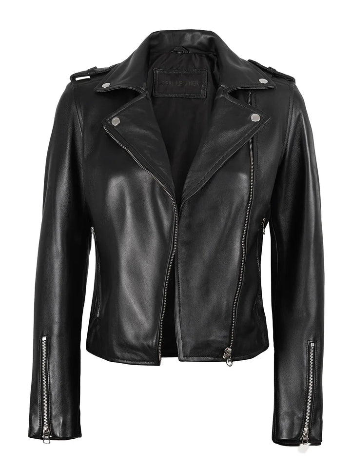 Kirsten Women's Black Asymmetrical Leather Motorcycle Jacket - Rare Leather