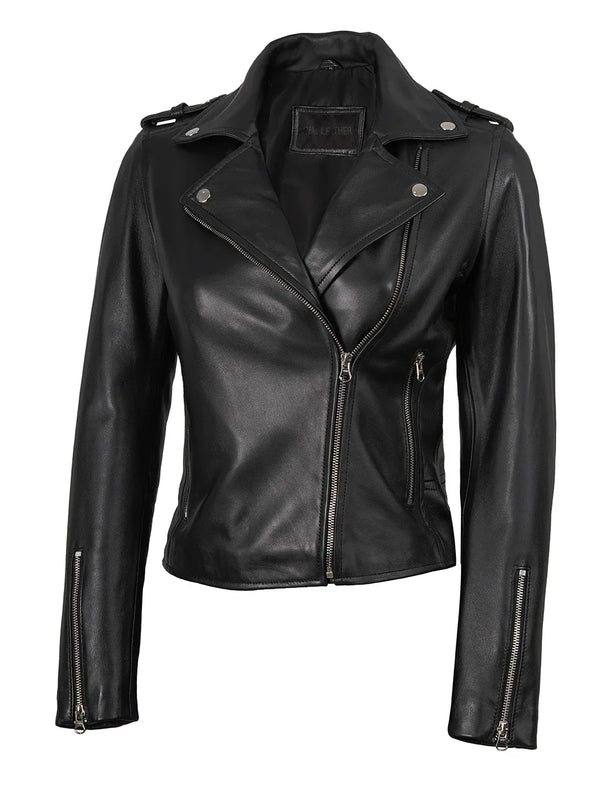 Kirsten Women's Black Asymmetrical Leather Motorcycle Jacket - Rare Leather