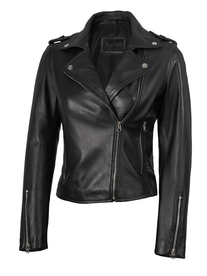 Kirsten Women's Black Asymmetrical Leather Motorcycle Jacket - Rare Leather
