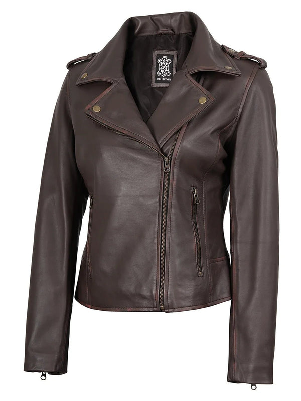 Kirsten Womens Dark Brown Asymmetrical Leather Motorcycle Jacket - Rare Leather