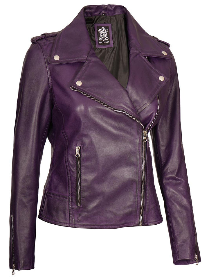 Kirsten Women's Purple Asymmetrical Motorcycle Leather Jacket - Rare Leather