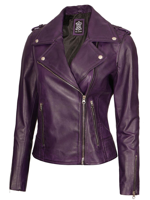 Kirsten Women's Purple Asymmetrical Motorcycle Leather Jacket - Rare Leather