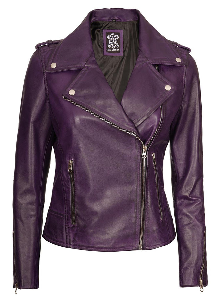 Kirsten Women's Purple Asymmetrical Motorcycle Leather Jacket - Rare Leather