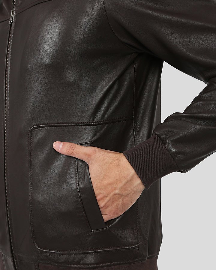 Knox Brown Bomber Leather Jacket with Removable Collar - Rare Leather