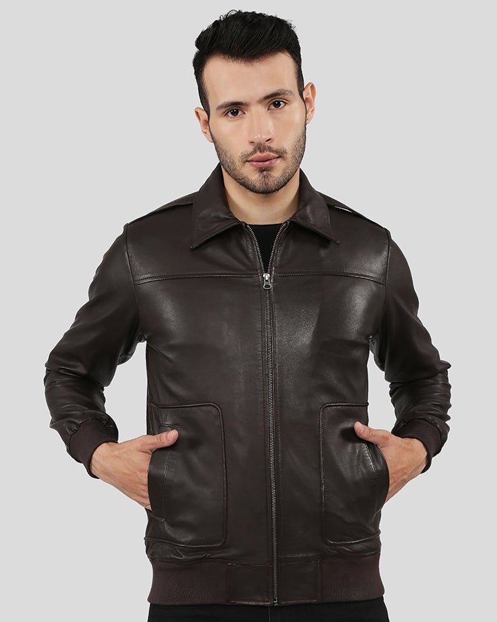 Knox Brown Bomber Leather Jacket with Removable Collar - Rare Leather