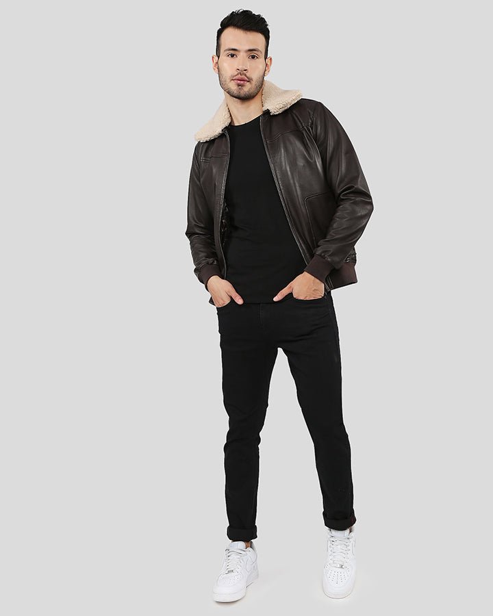 Knox Brown Bomber Leather Jacket with Removable Collar - Rare Leather
