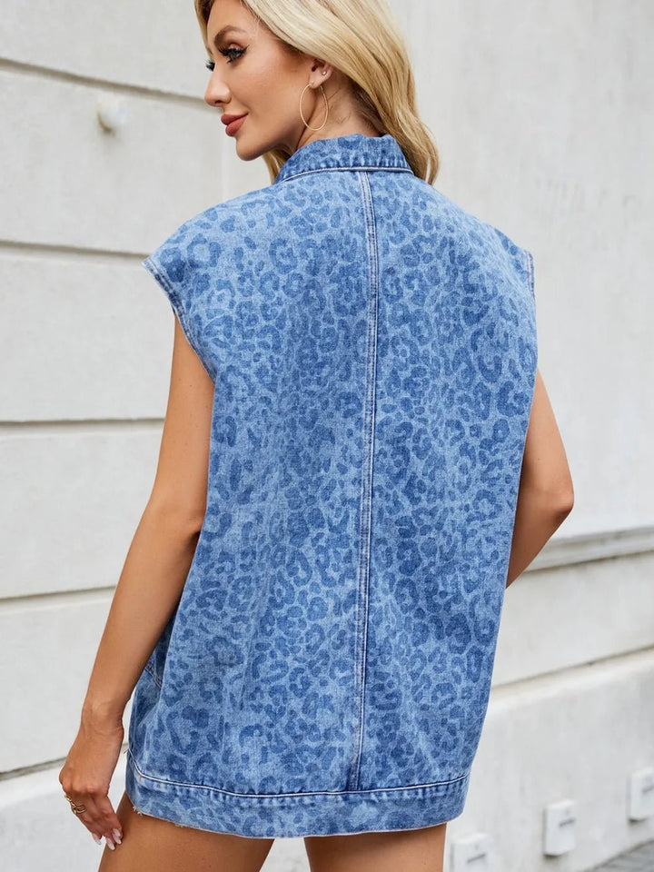 Leopard Button Up Cap Sleeve Denim Jacket - Rare Leather
