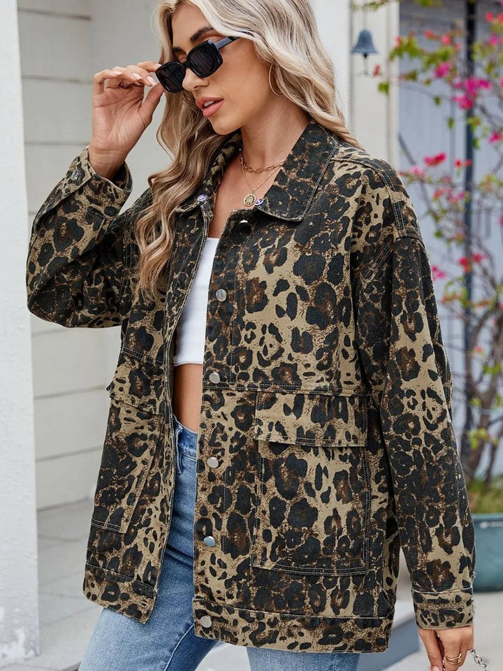 Leopard Button Up Drop Shoulder Denim Jacket - Rare Leather