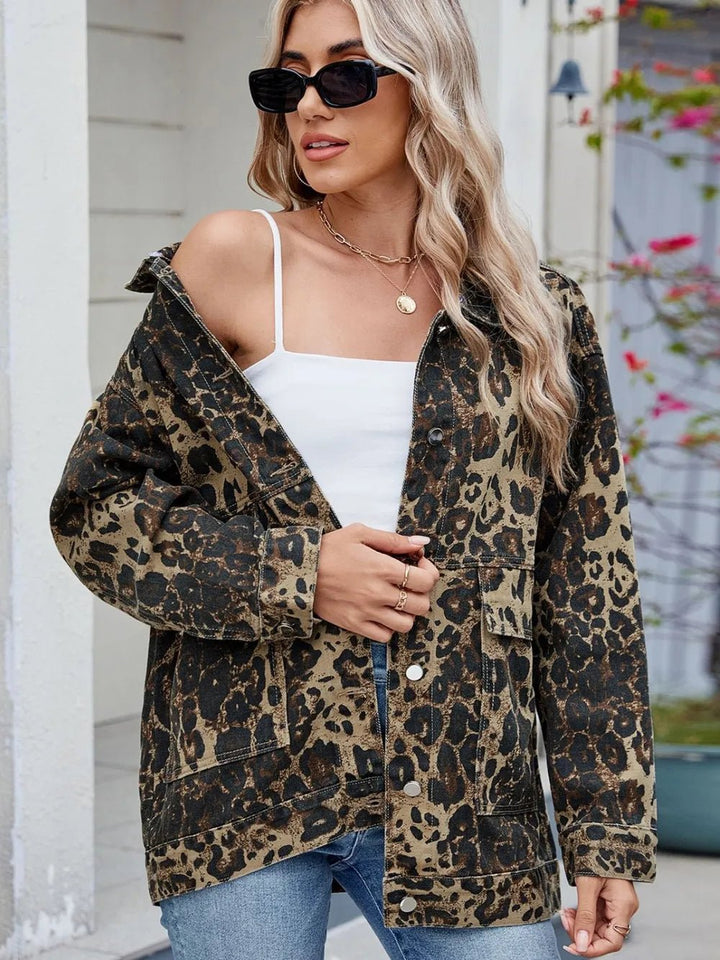 Leopard Button Up Drop Shoulder Denim Jacket - Rare Leather