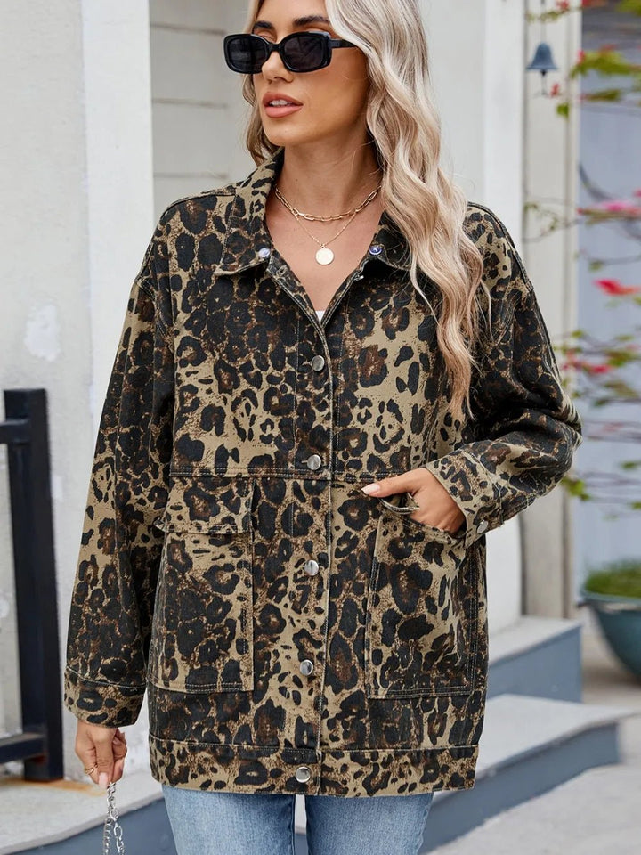 Leopard Button Up Drop Shoulder Denim Jacket - Rare Leather