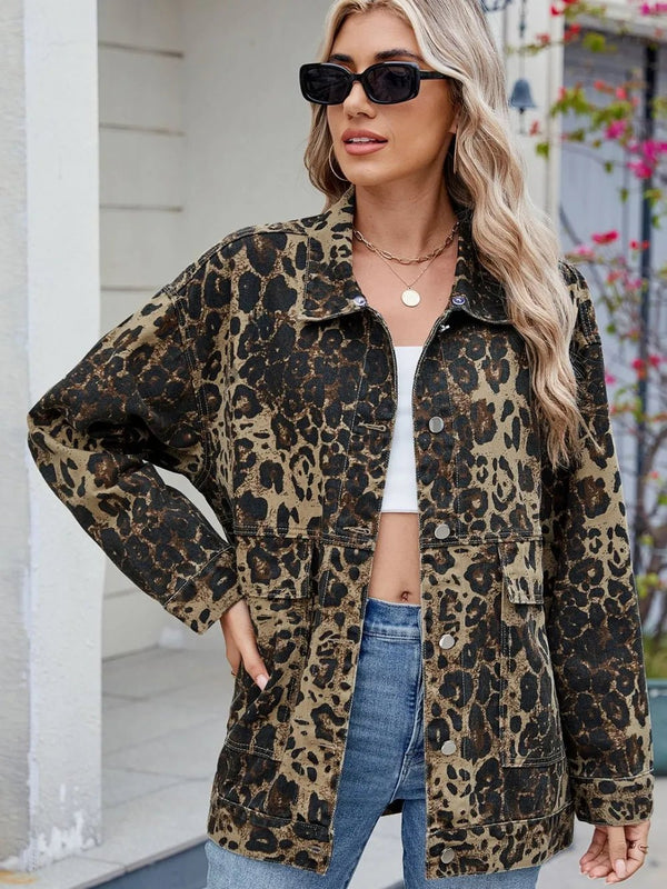 Leopard Button Up Drop Shoulder Denim Jacket - Rare Leather