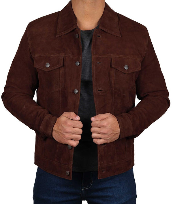 Logan Men's Dark Brown Suede Trucker Jacket - Rare Leather