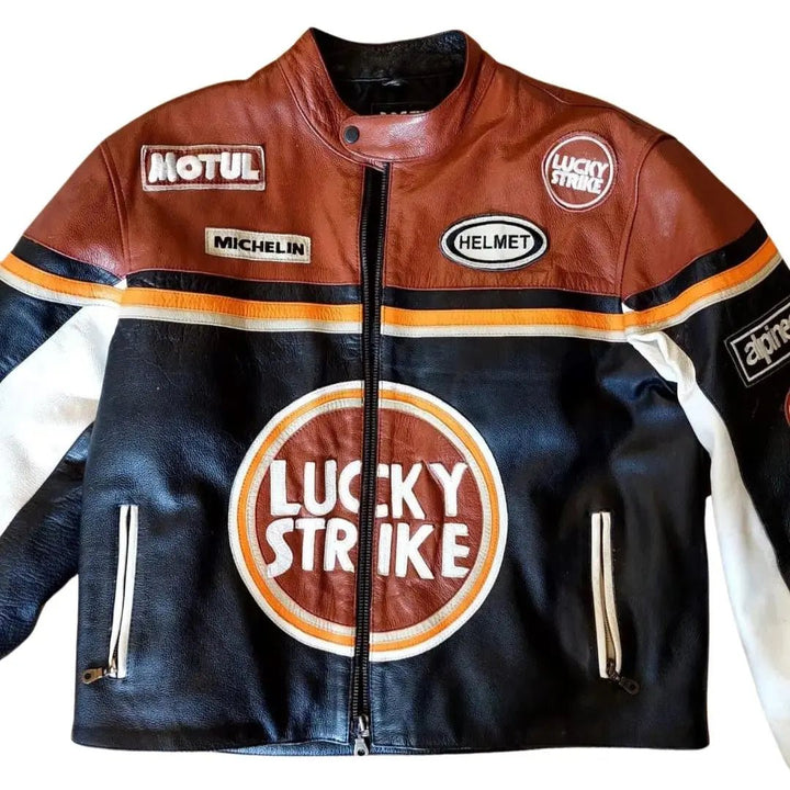 Lucky Strike Leather Jacket - Black & Dark Red - Rare Leather Order Now !!
