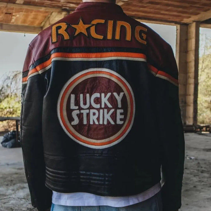 Lucky Strike Leather Jacket - Black & Dark Red - Rare Leather Order Now !!