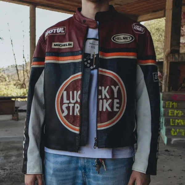 Lucky Strike Leather Jacket - Black & Dark Red - Rare Leather Order Now !!