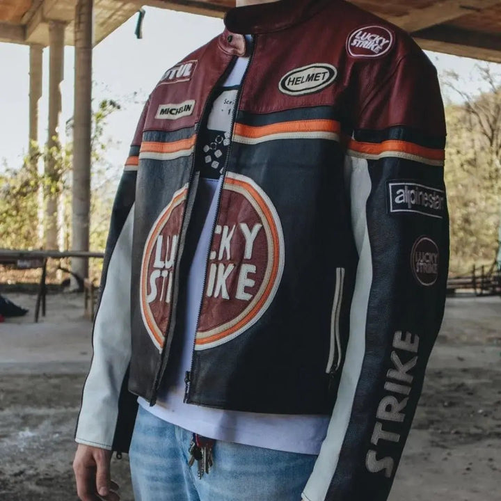 Lucky Strike Leather Jacket - Black & Dark Red - Rare Leather Order Now !!