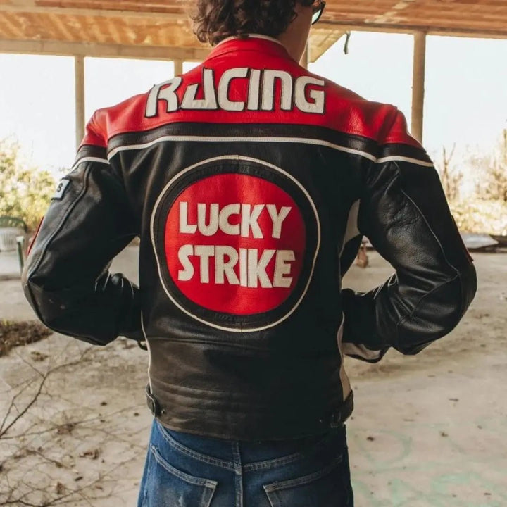 Lucky Strike Leather Jacket - Black & Red - Rare Leather Order Now !!
