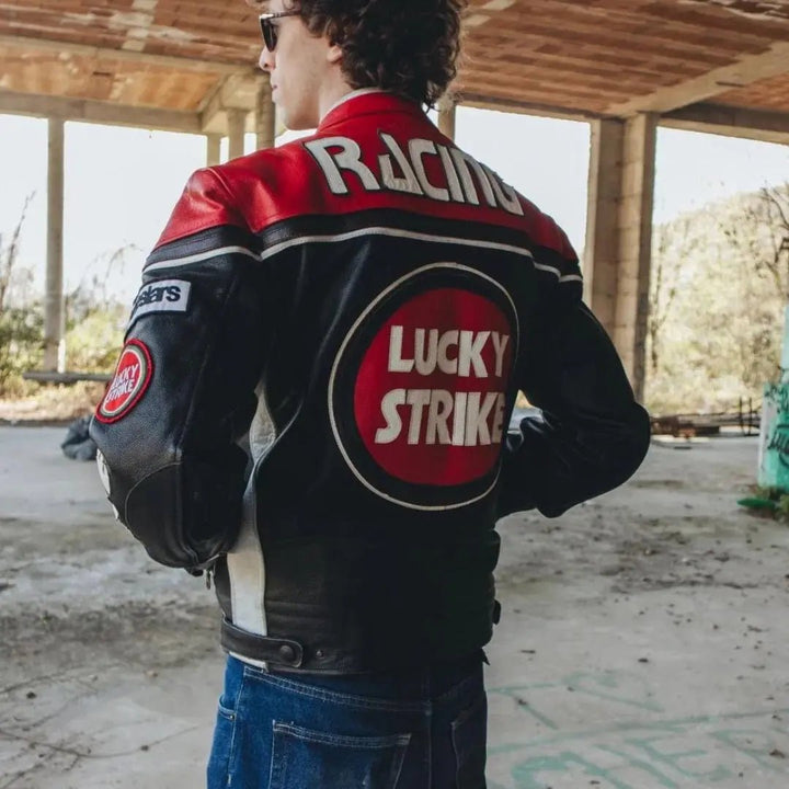 Lucky Strike Leather Jacket - Black & Red - Rare Leather Order Now !!