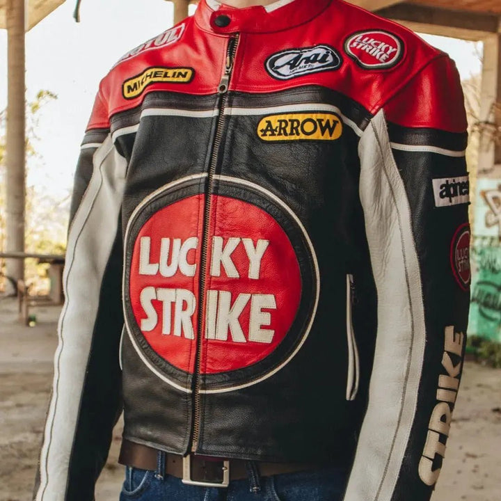 Lucky Strike Leather Jacket - Black & Red - Rare Leather Order Now !!